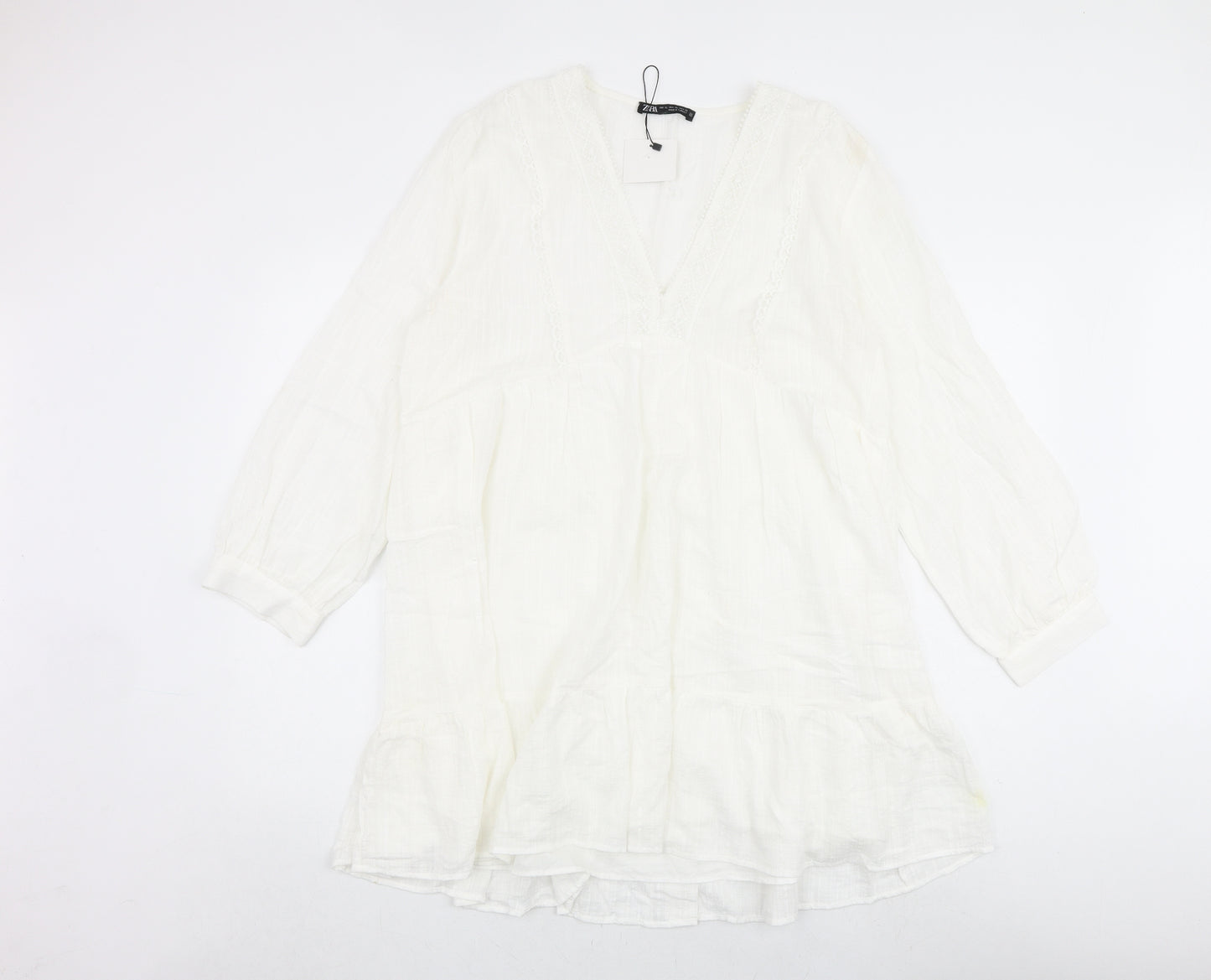 Zara Womens Ivory 100% Cotton A-Line Size XL V-Neck Button