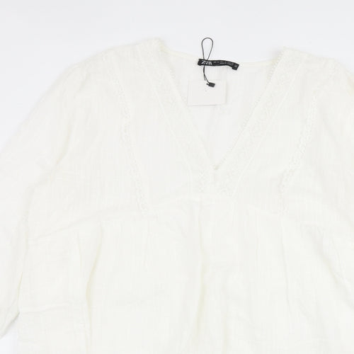 Zara Womens Ivory 100% Cotton A-Line Size XL V-Neck Button