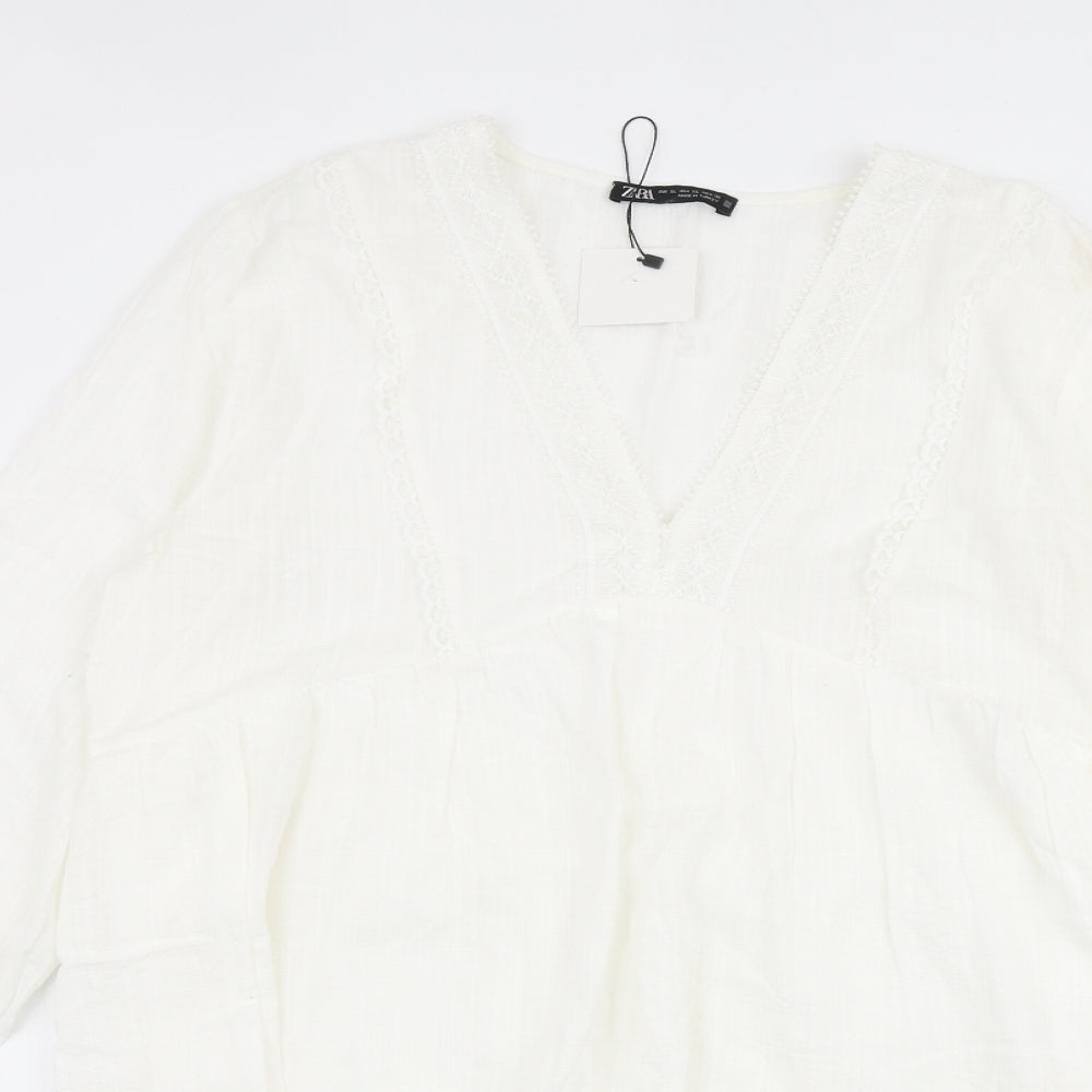Zara Womens Ivory 100% Cotton A-Line Size XL V-Neck Button