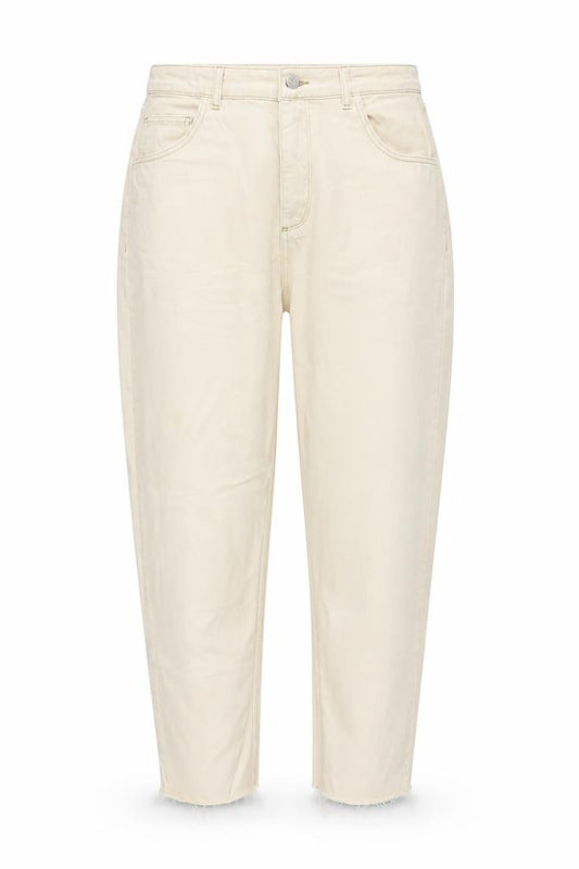 Front view of Reclaimed Vintage women’s beige cotton mom jeans, size UK 32, in, 29-inch leg regular zip