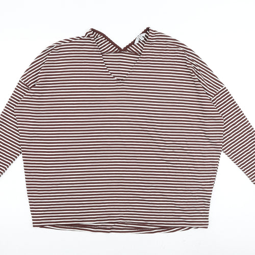 NEXT Womens Brown Striped Viscose Basic T-Shirt Size 12 V-Neck