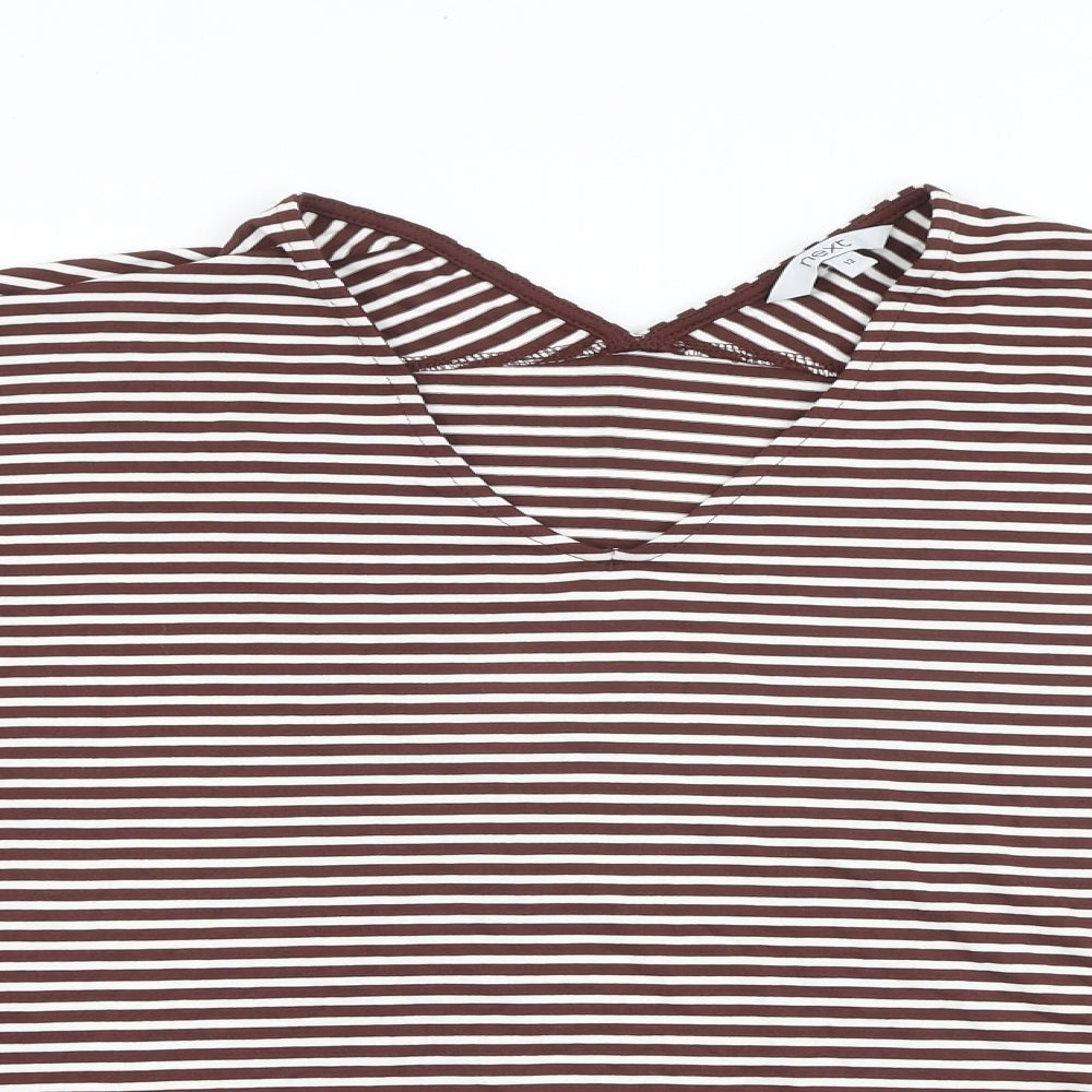 NEXT Womens Brown Striped Viscose Basic T-Shirt Size 12 V-Neck