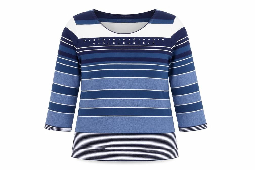 Front view of Alison Daley women’s blue striped polyester basic t-shirt, size M, round neck