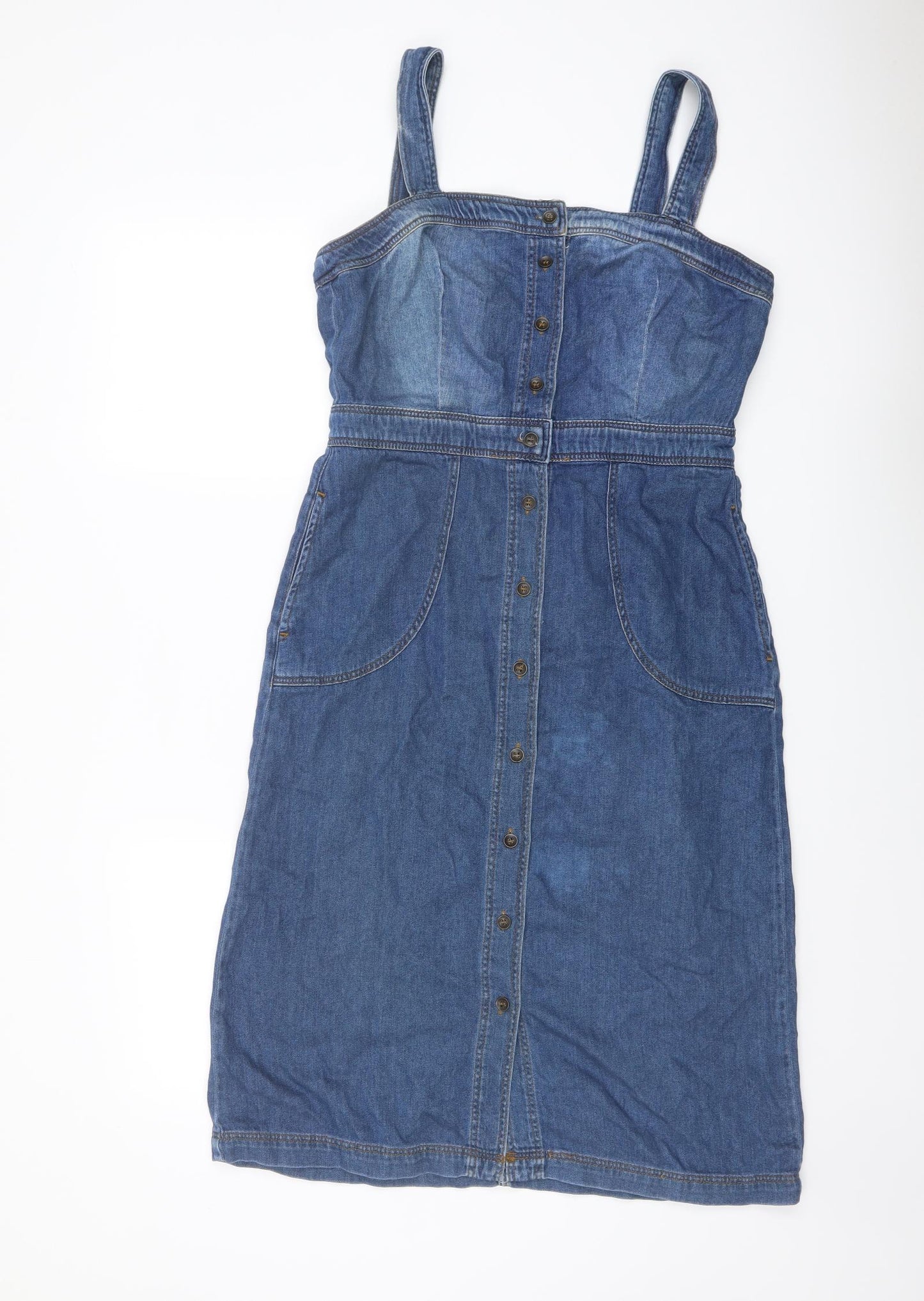 Blue 73 Womens Blue Cotton A-Line Size 12 Square Neck Button