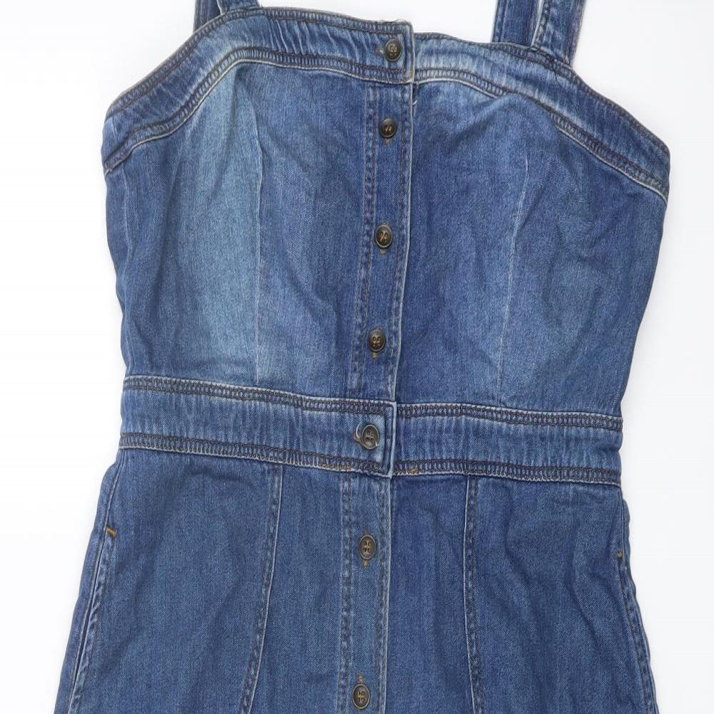 Blue 73 Womens Blue Cotton A-Line Size 12 Square Neck Button