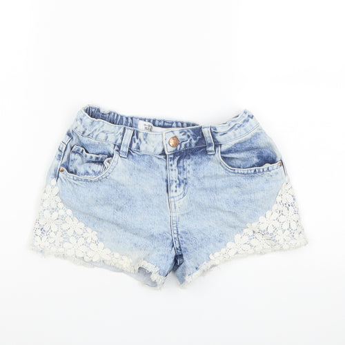 Denim & Co. Girls Blue Cotton Boyfriend Shorts Size 11-12 Years Regular Zip - Lace Details