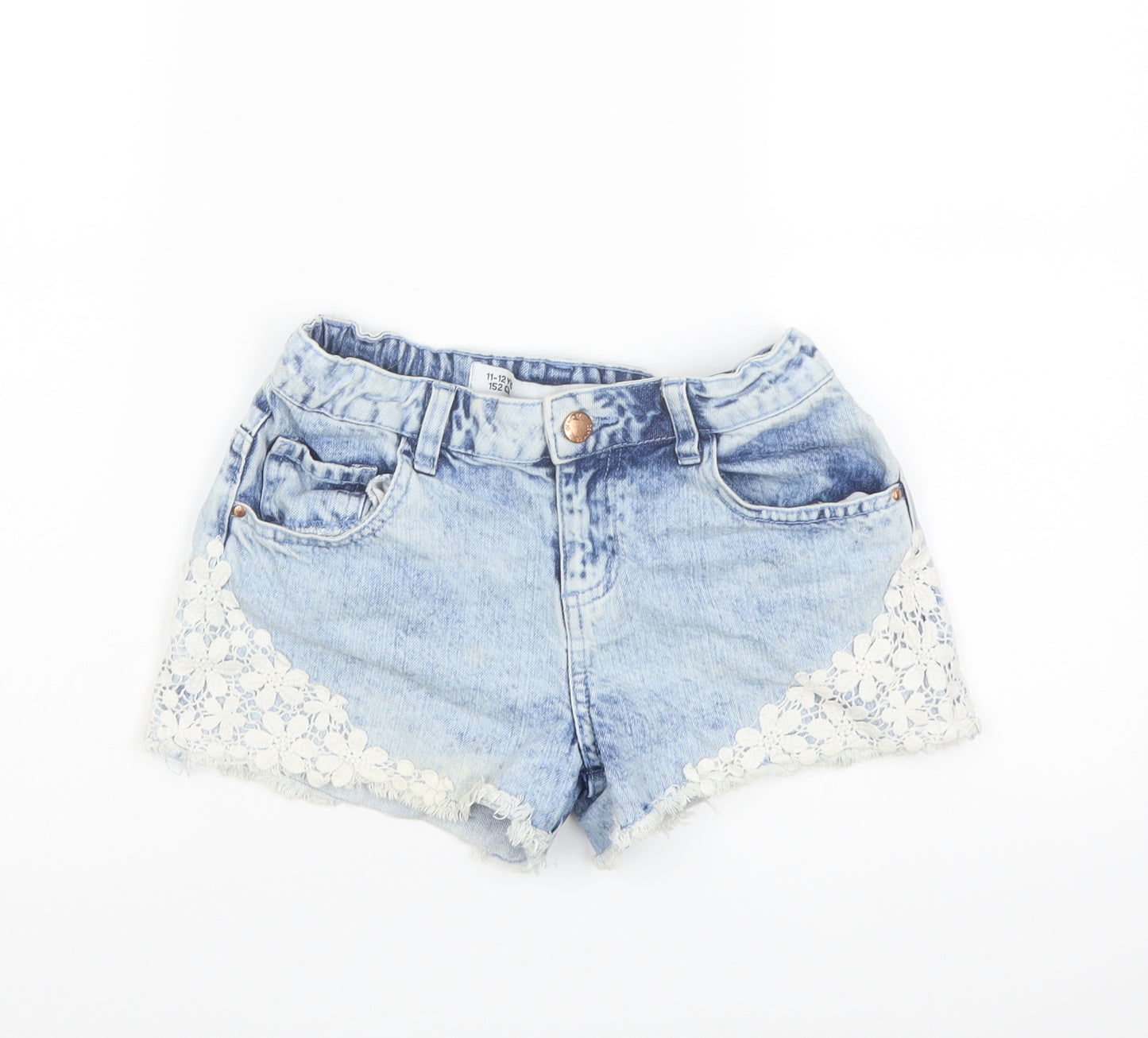Denim & Co. Girls Blue Cotton Boyfriend Shorts Size 11-12 Years Regular Zip - Lace Details