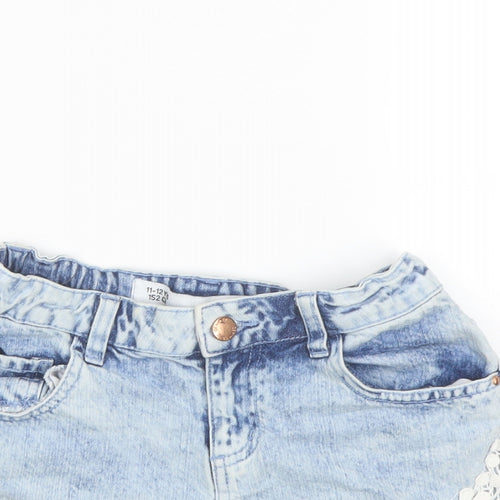 Denim & Co. Girls Blue Cotton Boyfriend Shorts Size 11-12 Years Regular Zip - Lace Details