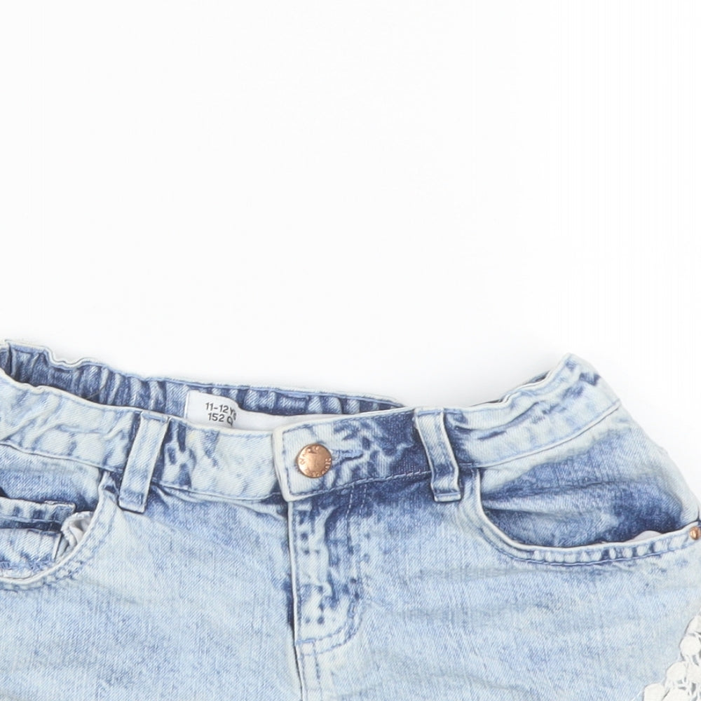 Denim & Co. Girls Blue Cotton Boyfriend Shorts Size 11-12 Years Regular Zip - Lace Details