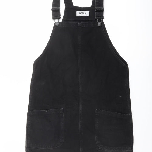 New Look Womens Black Cotton Pinafore/Dungaree Dress Size 6 Square Neck Buckle