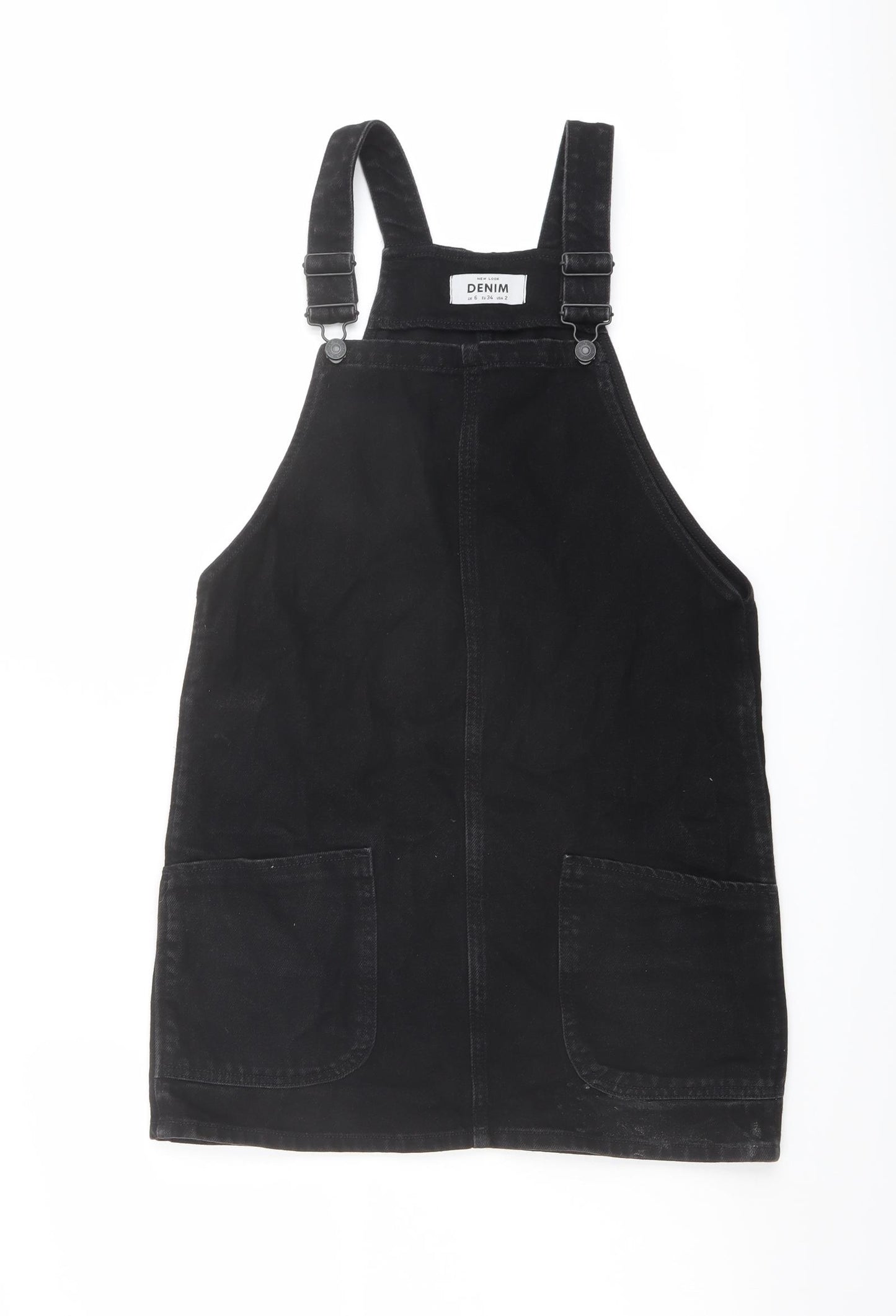 New Look Womens Black Cotton Pinafore/Dungaree Dress Size 6 Square Neck Buckle