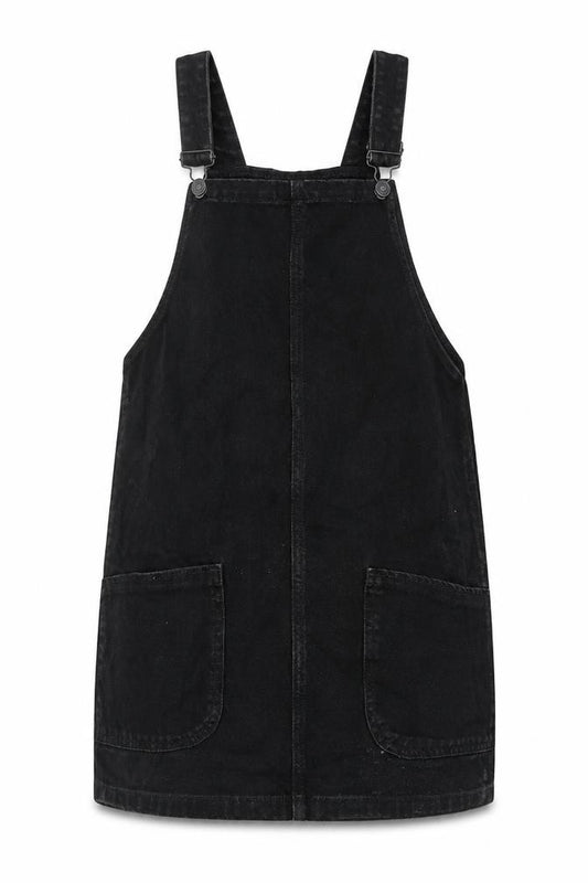 Front view of New Look women’s black cotton pinafore/dungaree dress, size UK 6, square neck buckle