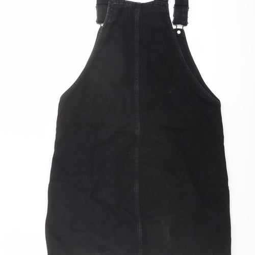 New Look Womens Black Cotton Pinafore/Dungaree Dress Size 6 Square Neck Buckle