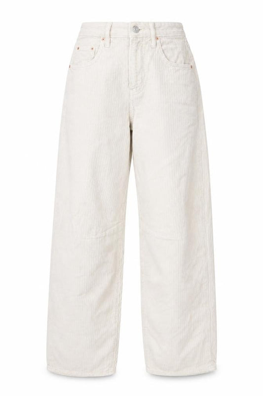 Front view of BDG women’s beige cotton carrot trousers, size UK 24, in, 32-inch leg regular button