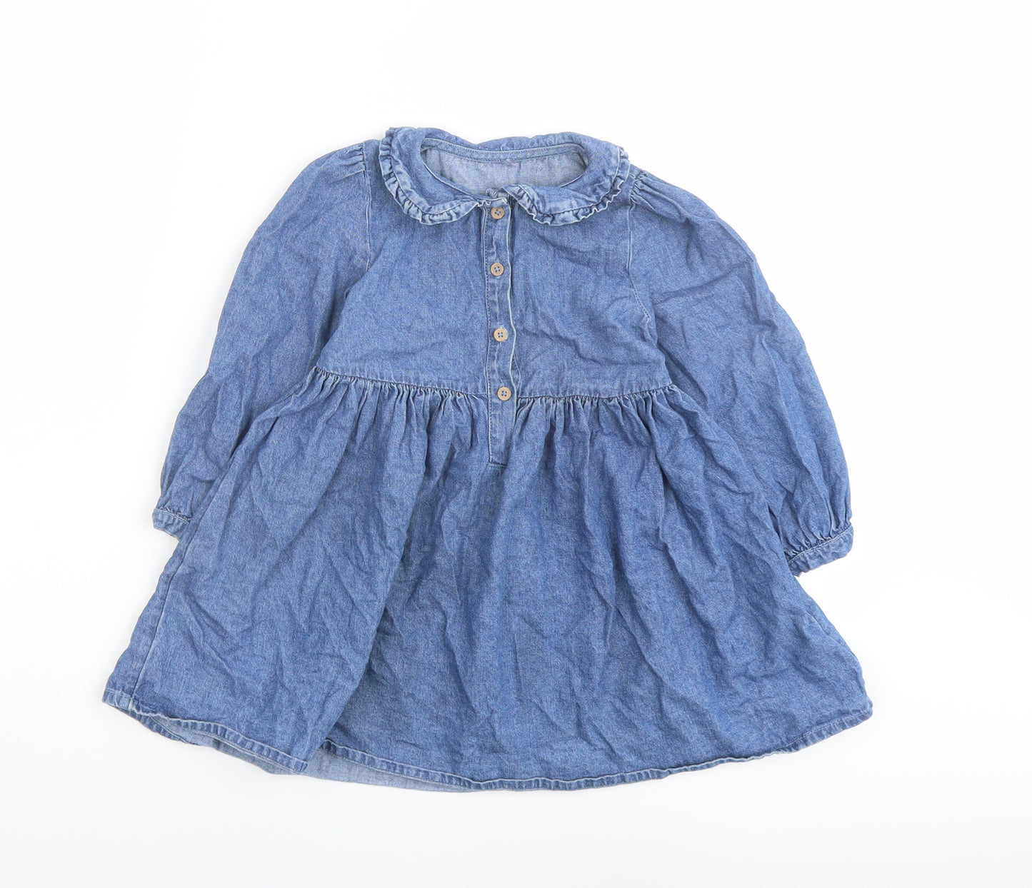 George Girls Blue Cotton A-Line Size 3-4 Years Collared Button