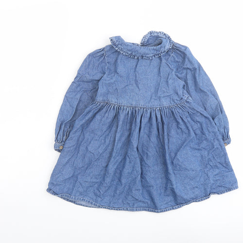 George Girls Blue Cotton A-Line Size 3-4 Years Collared Button