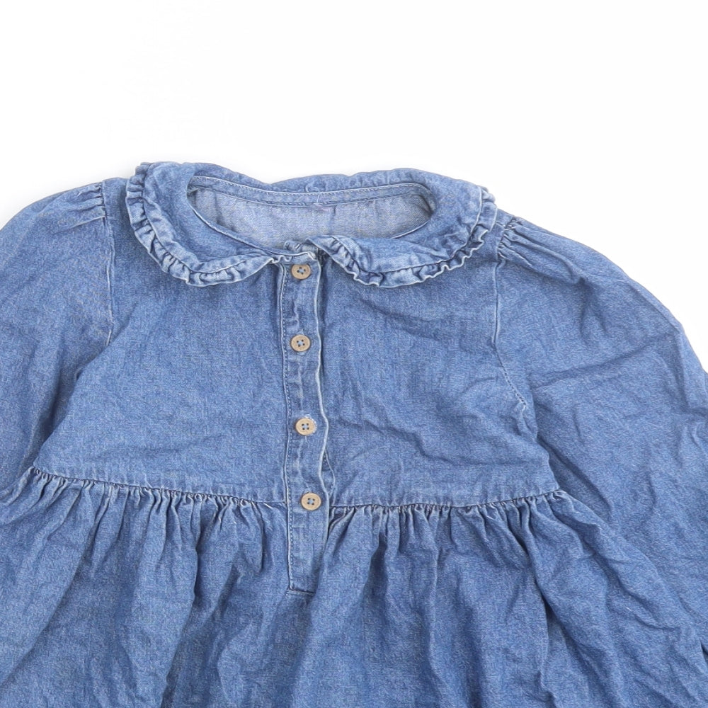 George Girls Blue Cotton A-Line Size 3-4 Years Collared Button