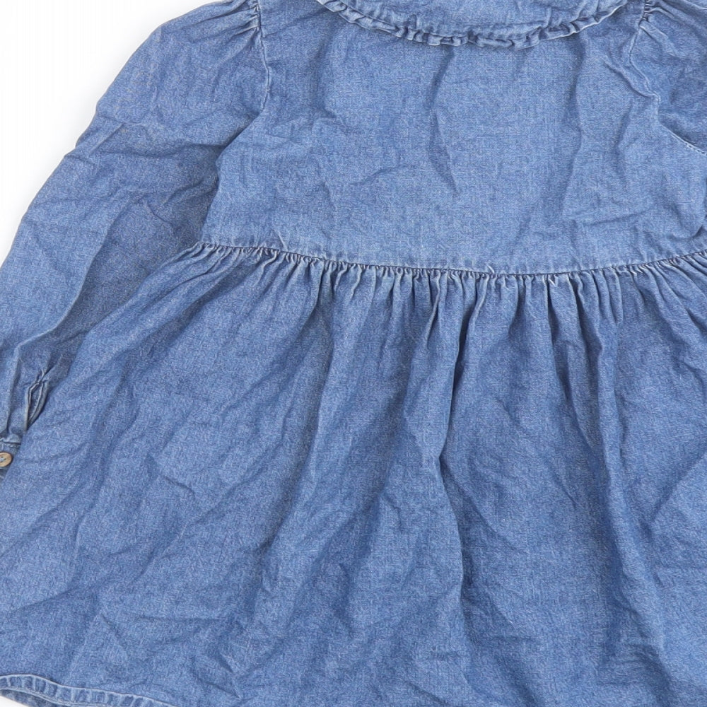 George Girls Blue Cotton A-Line Size 3-4 Years Collared Button