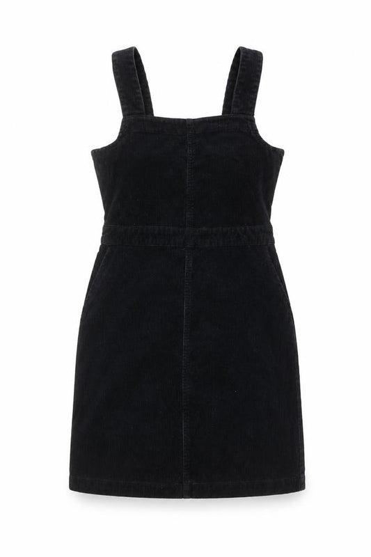 Front view of Dorothy Perkins women’s black cotton pinafore/dungaree dress, size UK 8, square neck zip