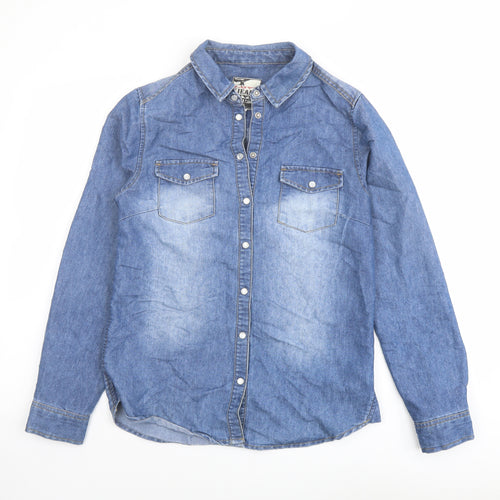 New Look Womens Blue Cotton Basic Button-Up Size 10 Collared