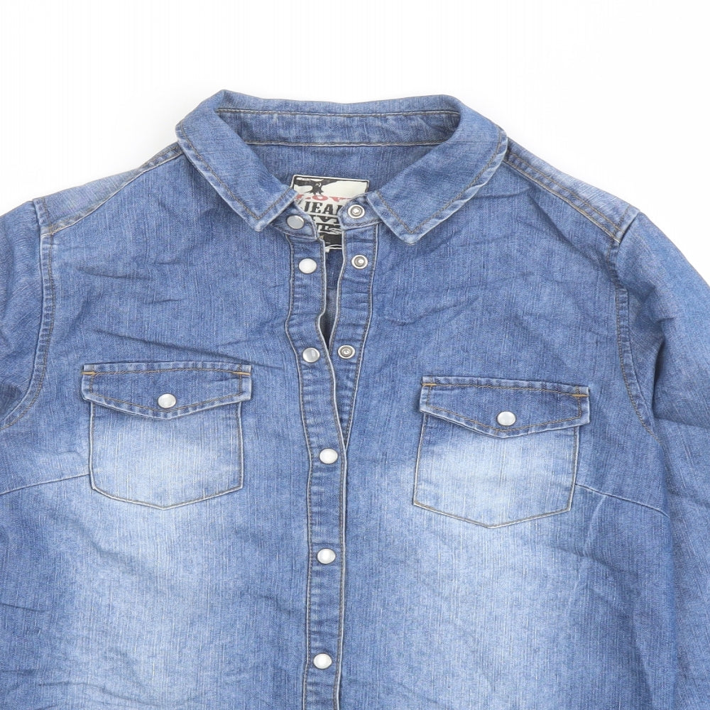 New Look Womens Blue Cotton Basic Button-Up Size 10 Collared