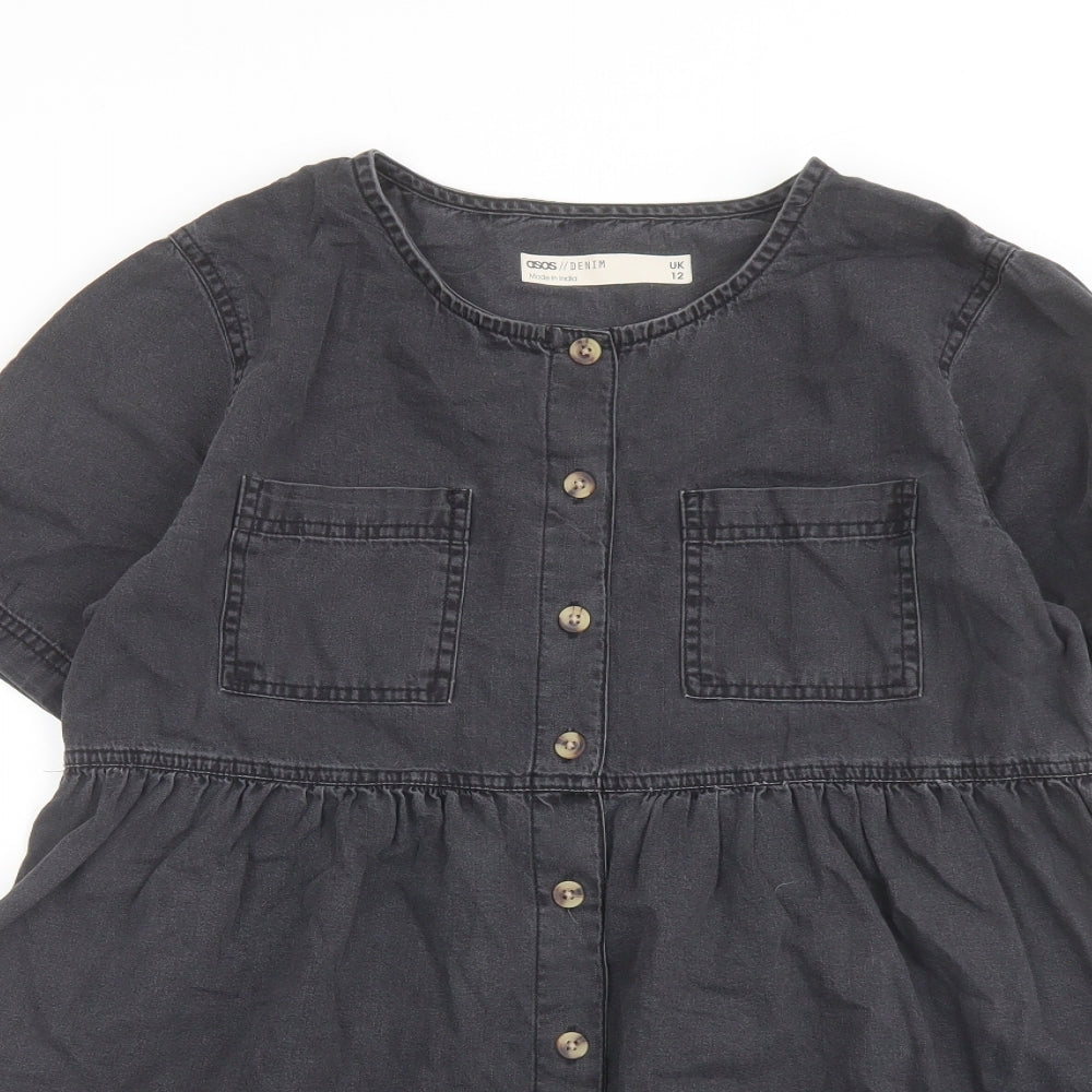 ASOS Womens Grey Cotton A-Line Size 12 Crew Neck Button