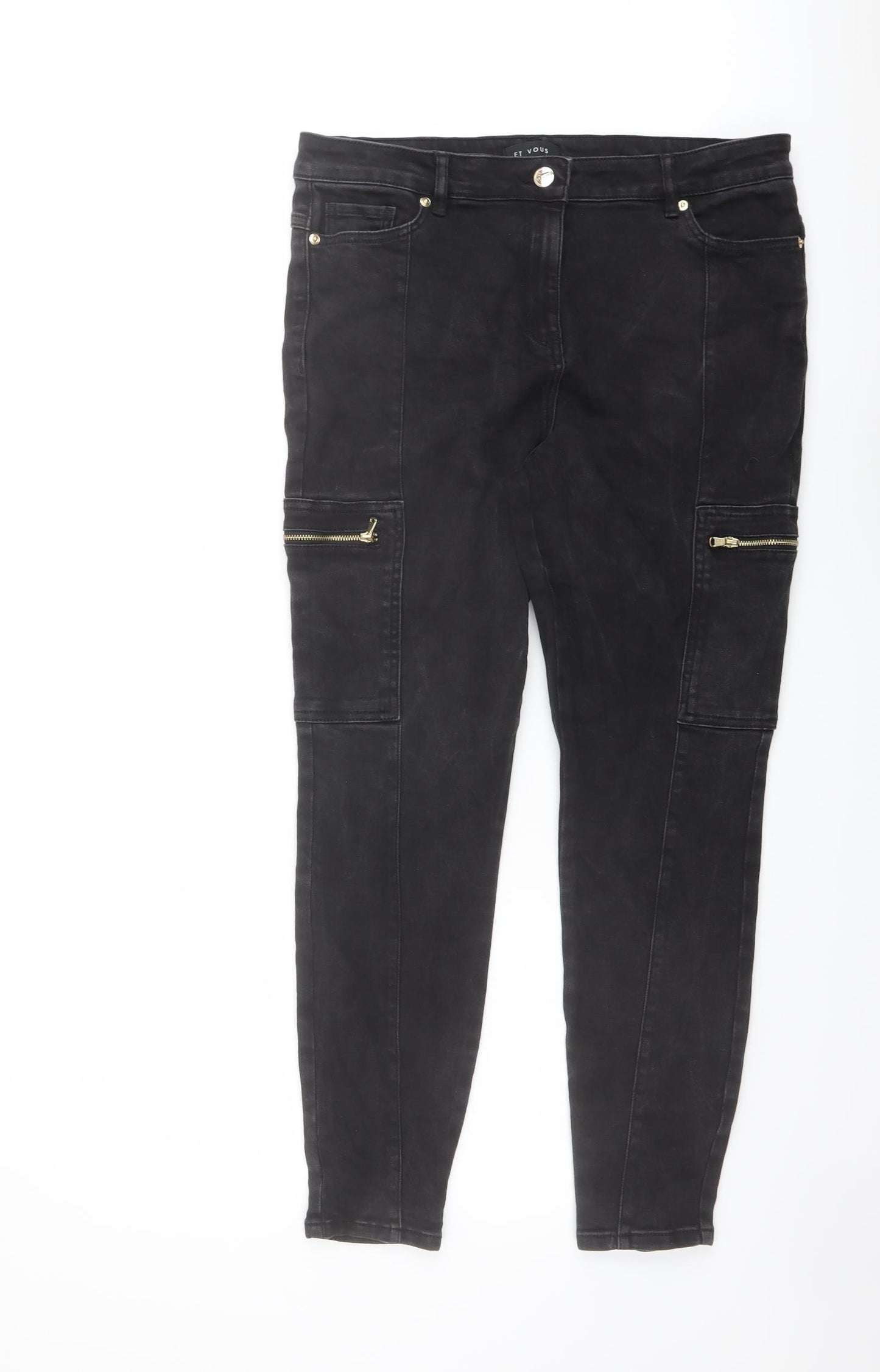 Et Vous Womens Black Cotton Tapered Jeans Size 14 L27 in Regular Button - Cargo