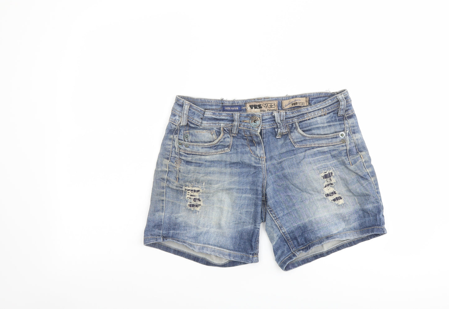New Look Womens Blue Cotton Hot Pants Shorts Size 10 L7 in Regular Button - Distressed