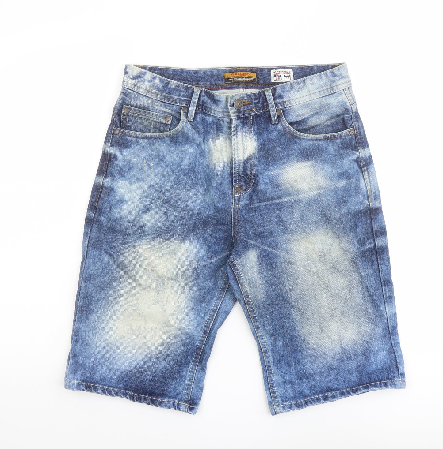 Pull&Bear Mens Blue Cotton Chino Shorts Size 30 in L11 in Regular Button - Acid Wash Effect