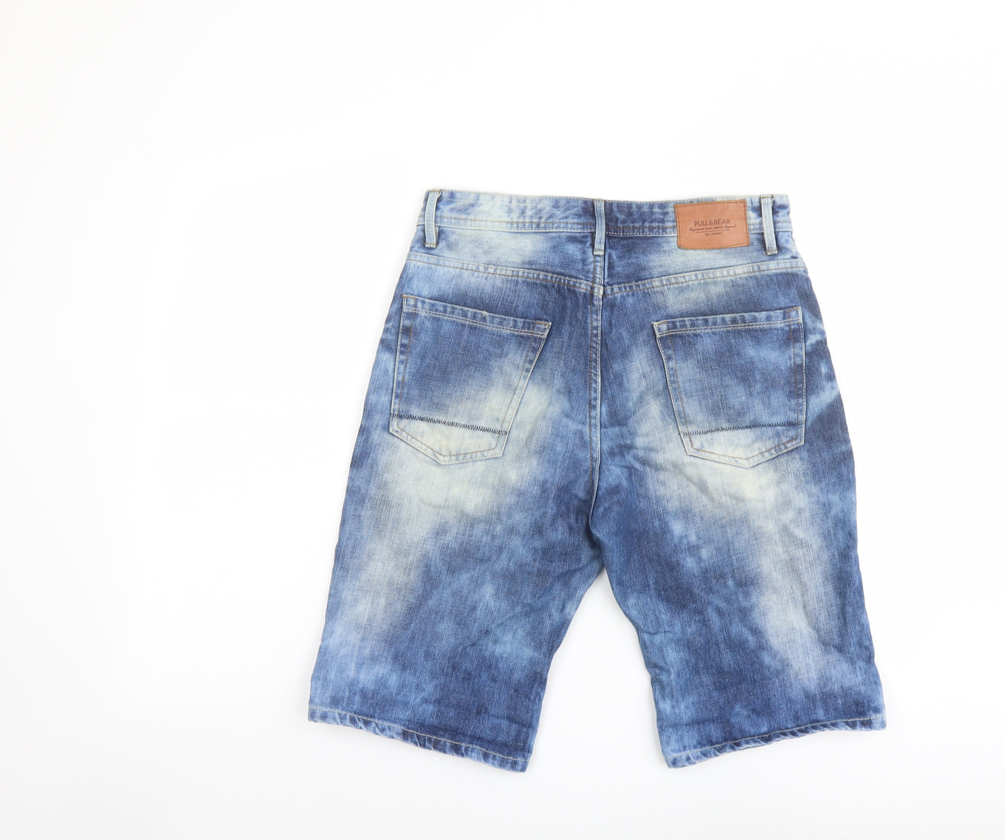 Pull&Bear Mens Blue Cotton Chino Shorts Size 30 in L11 in Regular Button - Acid Wash Effect