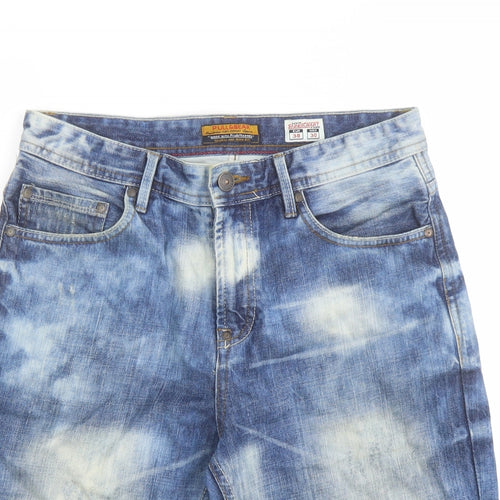 Pull&Bear Mens Blue Cotton Chino Shorts Size 30 in L11 in Regular Button - Acid Wash Effect