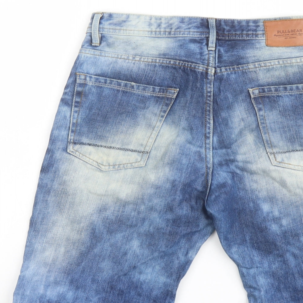 Pull&Bear Mens Blue Cotton Chino Shorts Size 30 in L11 in Regular Button - Acid Wash Effect