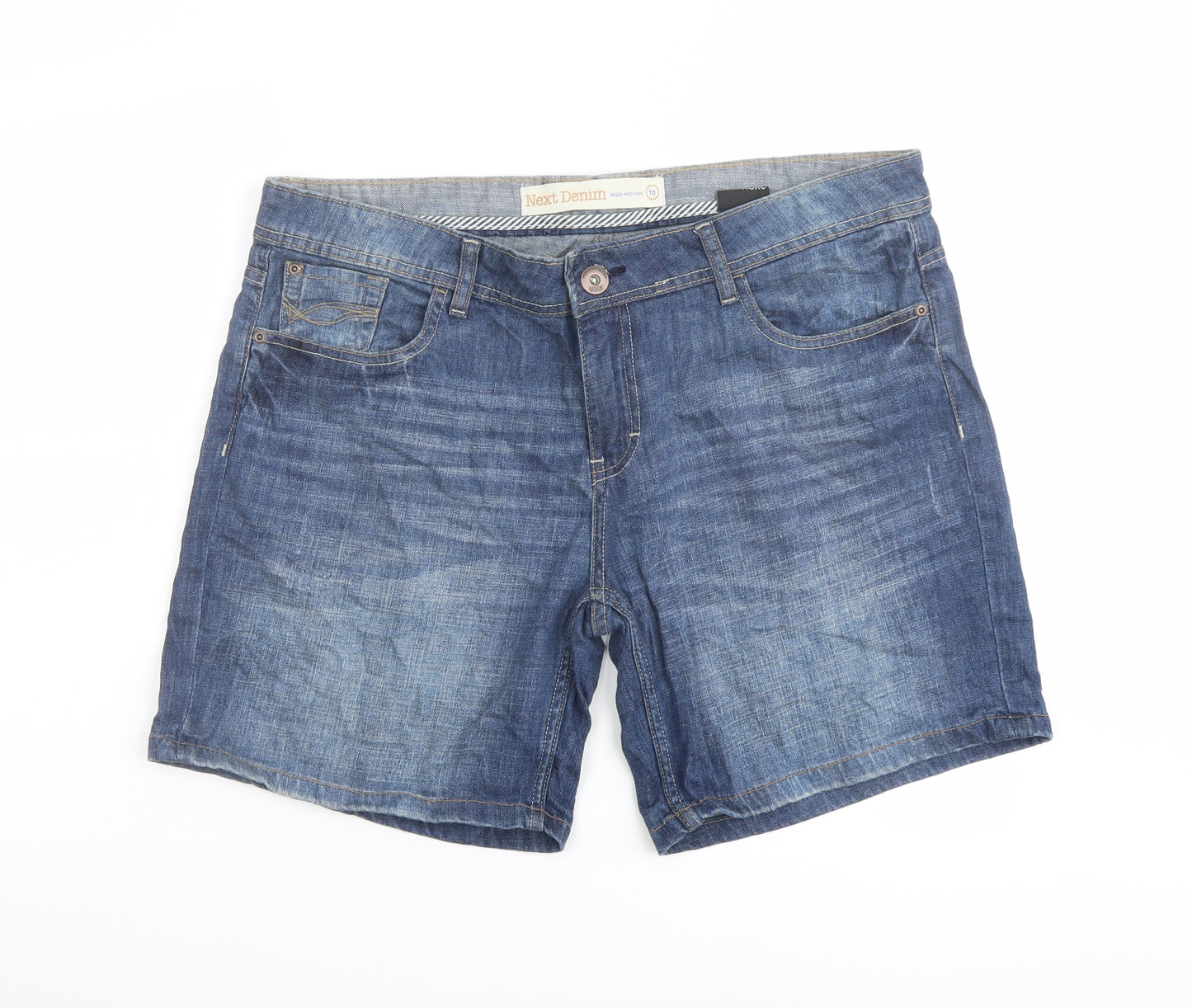 NEXT Womens Blue Cotton Mom Shorts Size 16 L7 in Regular Button