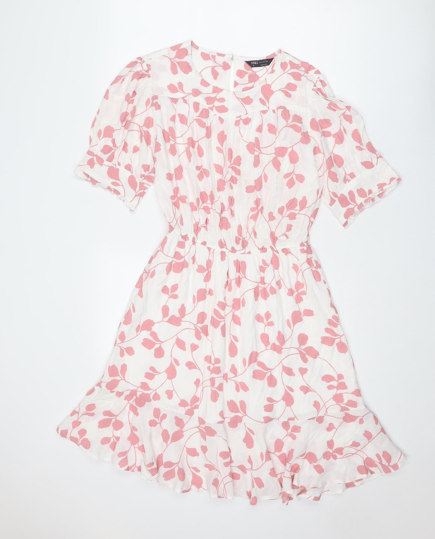 Marks and Spencer Womens White Geometric Viscose A-Line Size 10 Round Neck Button