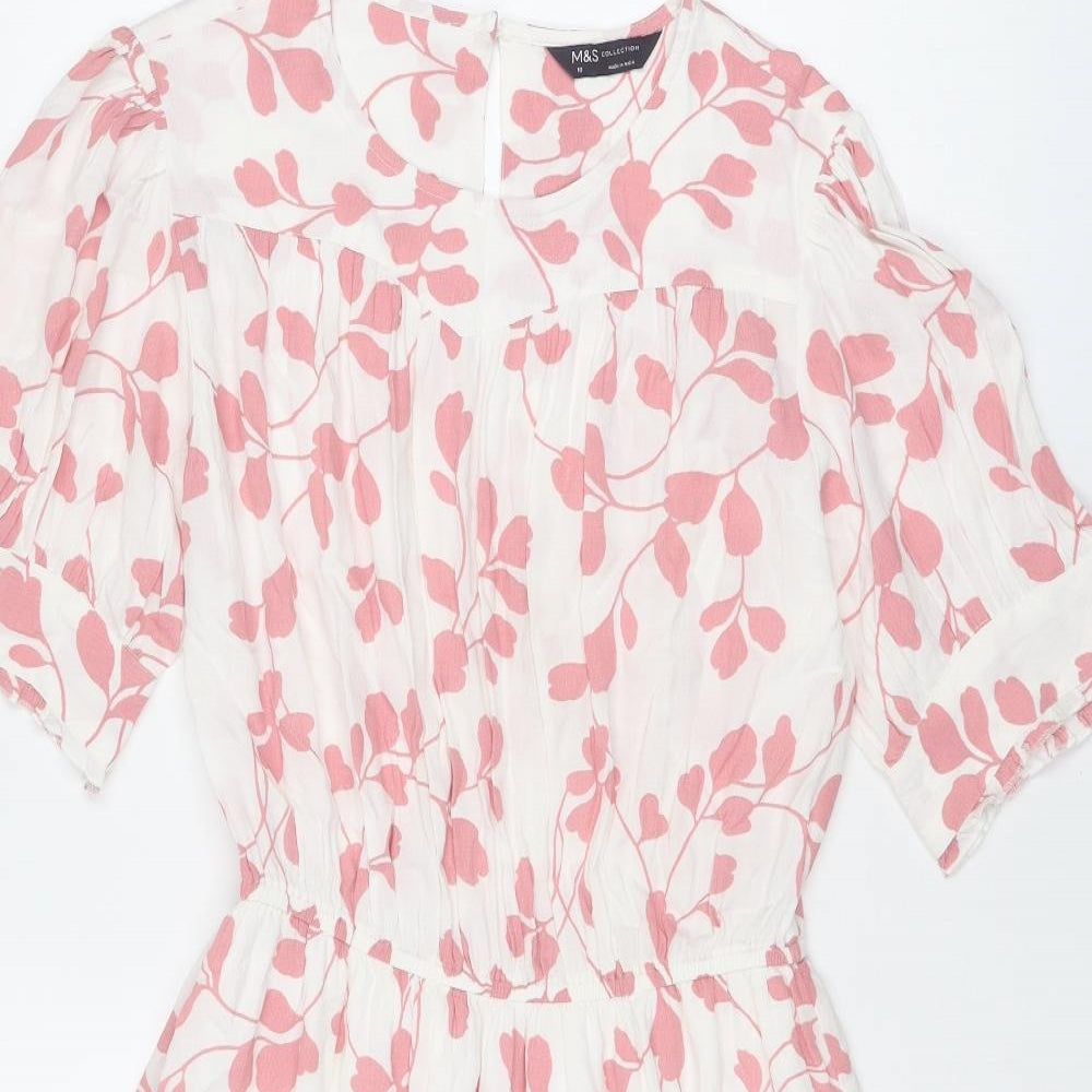 Marks and Spencer Womens White Geometric Viscose A-Line Size 10 Round Neck Button