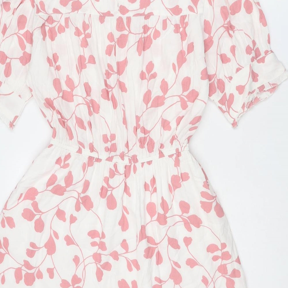 Marks and Spencer Womens White Geometric Viscose A-Line Size 10 Round Neck Button