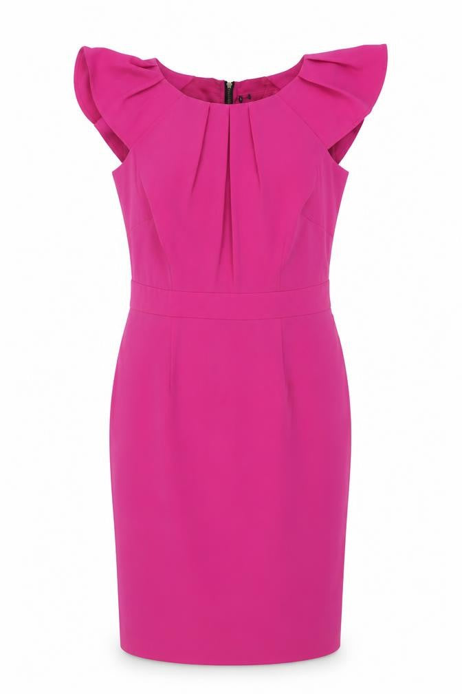 Front view of Marks & Spencer women’s pink polyester shift, size UK 10, boat neck zip