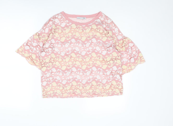 Zara Womens Multicoloured Floral Polyester Basic T-Shirt Size M Round Neck