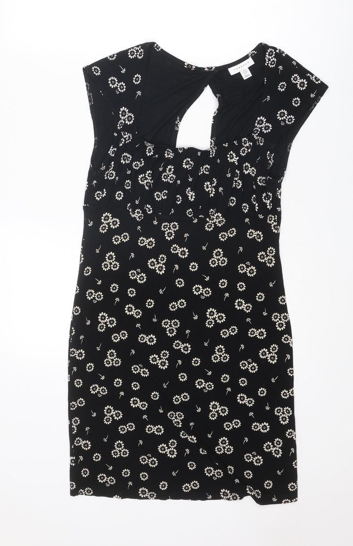 Topshop Womens Black Floral Viscose A-Line Size 12 Square Neck Pullover
