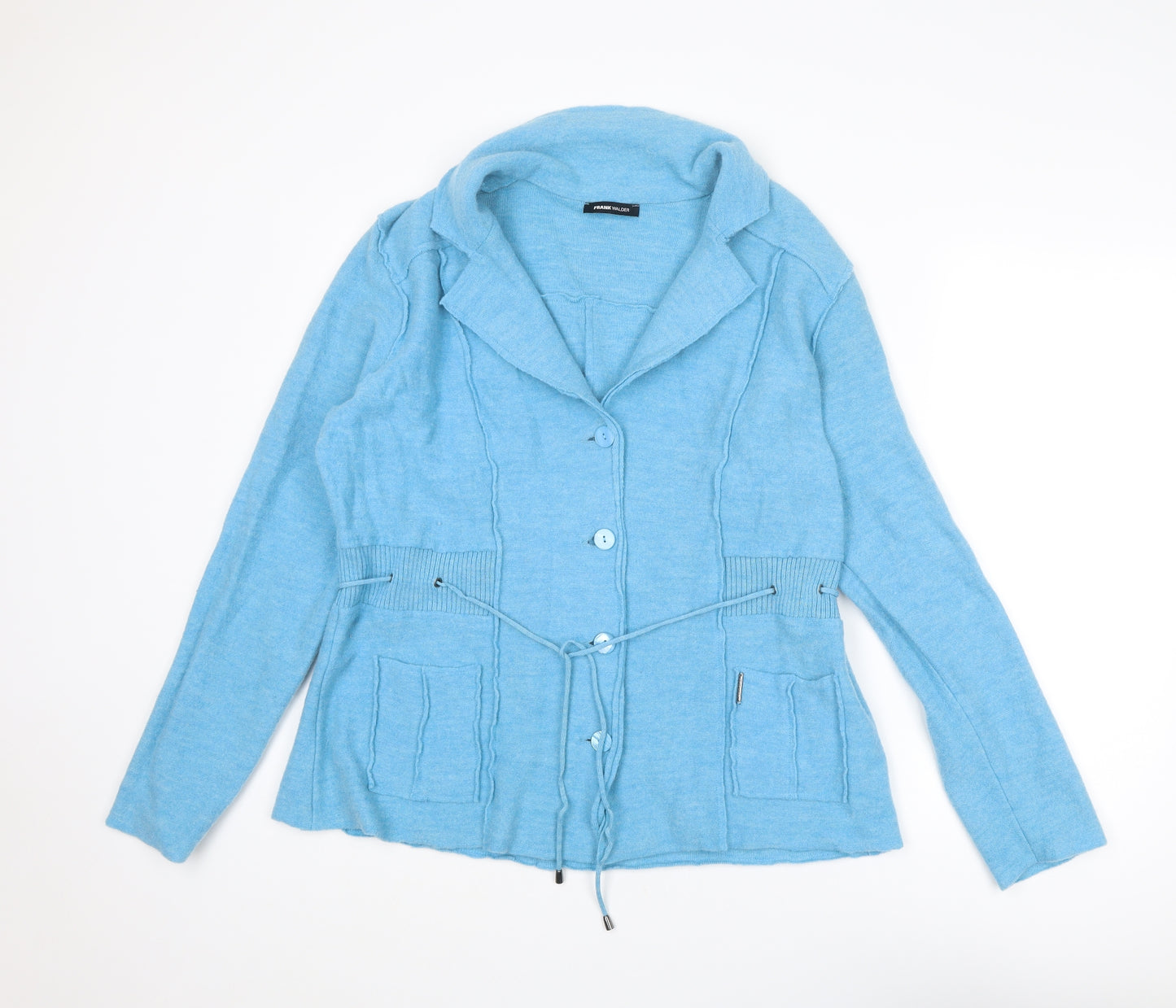 FRANK WALDER Womens Blue Collared Wool Cardigan Jumper Size 18
