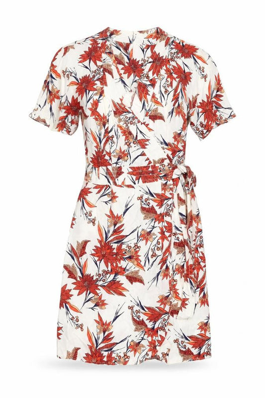 Front view of Marks & Spencer women’s multicoloured floral viscose wrap dress, size UK 8, v-neck button
