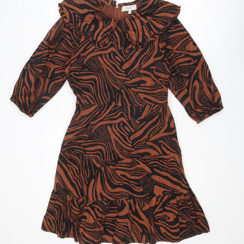 NEXT Womens Brown Geometric Cotton Skater Dress Size 8 Round Neck Zip