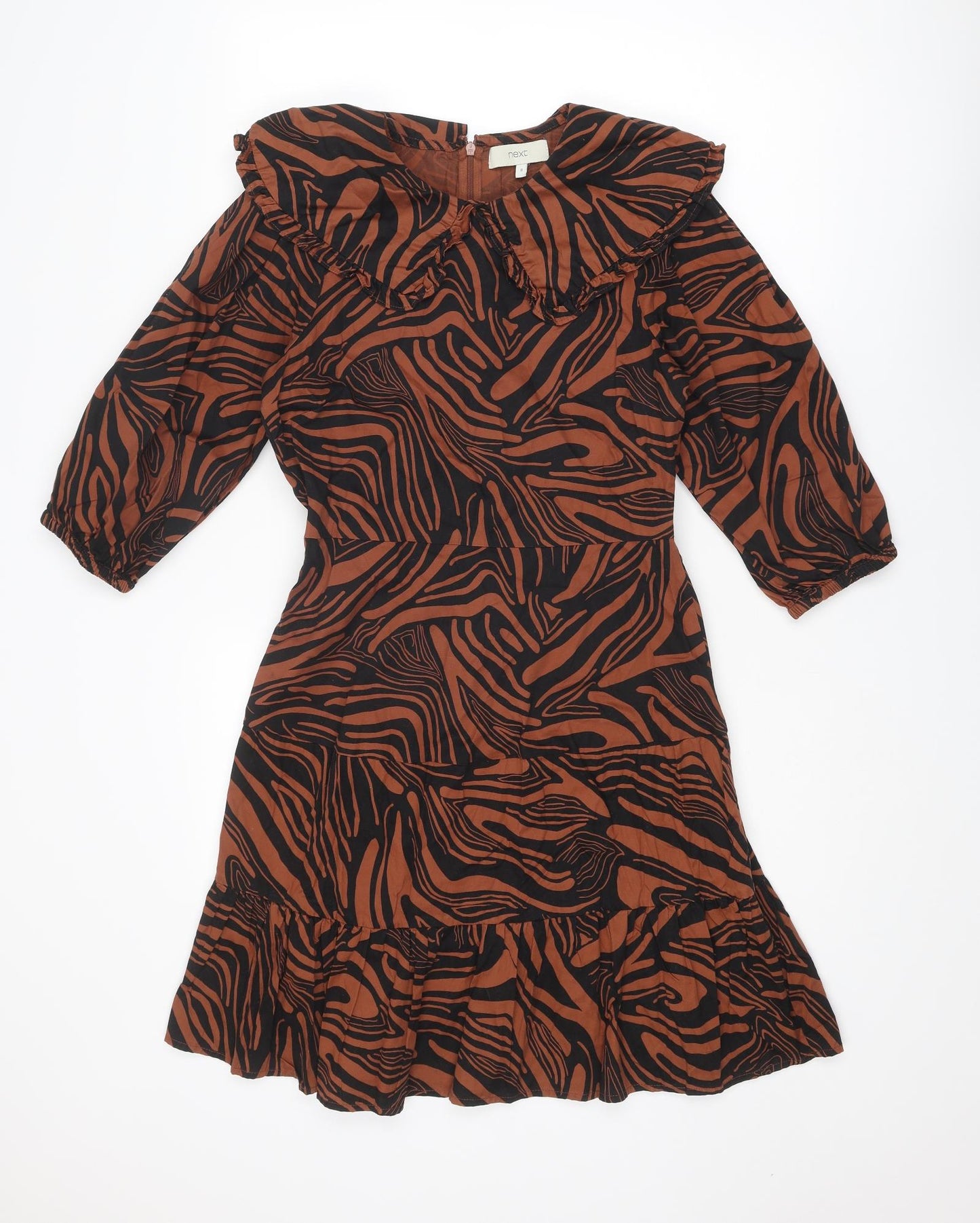 NEXT Womens Brown Geometric Cotton Skater Dress Size 8 Round Neck Zip