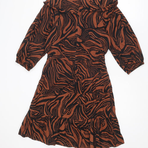 NEXT Womens Brown Geometric Cotton Skater Dress Size 8 Round Neck Zip