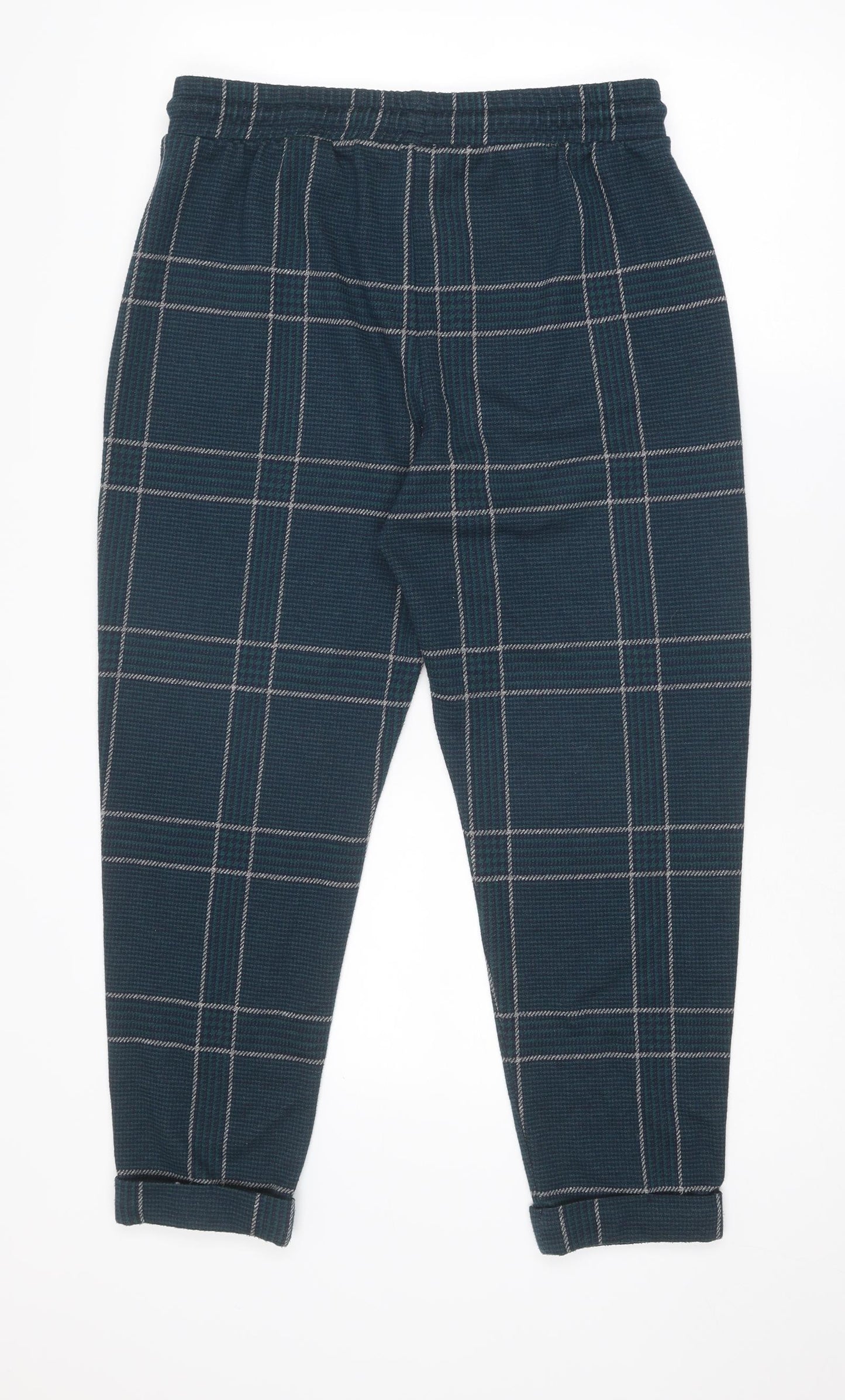 Marks and Spencer Womens Blue Check Polyester Jogger Trousers Size 14 L26 in Regular Drawstring
