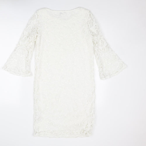 Wallis Womens White Geometric Polyester Shift Size 8 Boat Neck Pullover