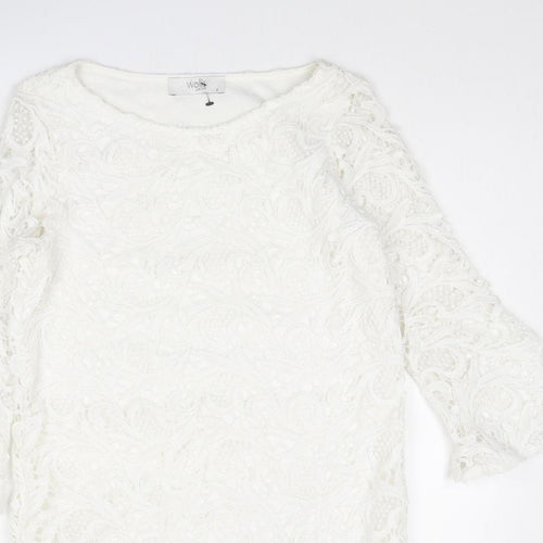 Wallis Womens White Geometric Polyester Shift Size 8 Boat Neck Pullover