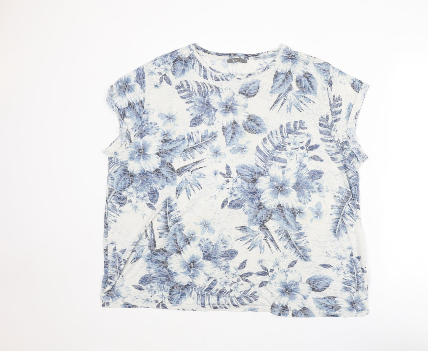 South Womens Blue Floral Polyester Basic T-Shirt Size 24 Round Neck