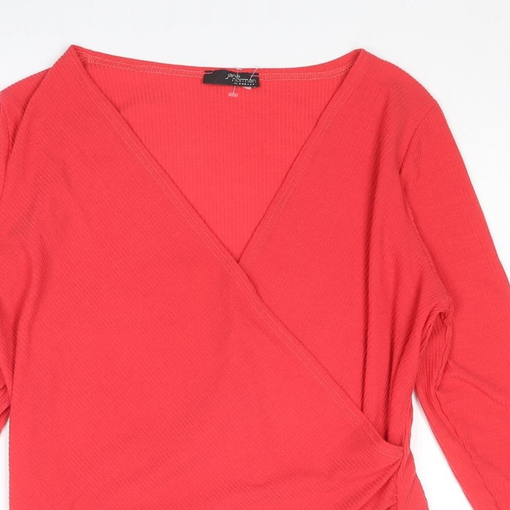 Jane Norman Womens Red Polyester Basic T-Shirt Size 18 V-Neck