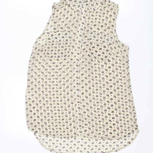 NEXT Womens Ivory Geometric Polyester Basic Button-Up Size 8 Collared - Owl Print